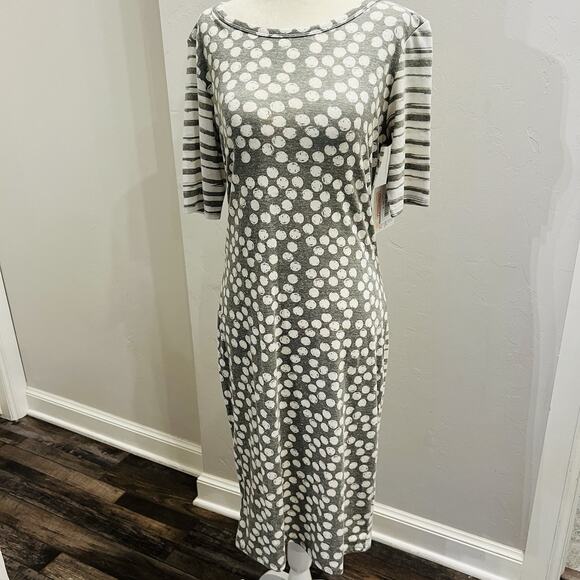 LuLaRoe Womans Dress M Gray White Dots Stripes Julia Pencil Stretch (A0126) - Picture 1 of 6